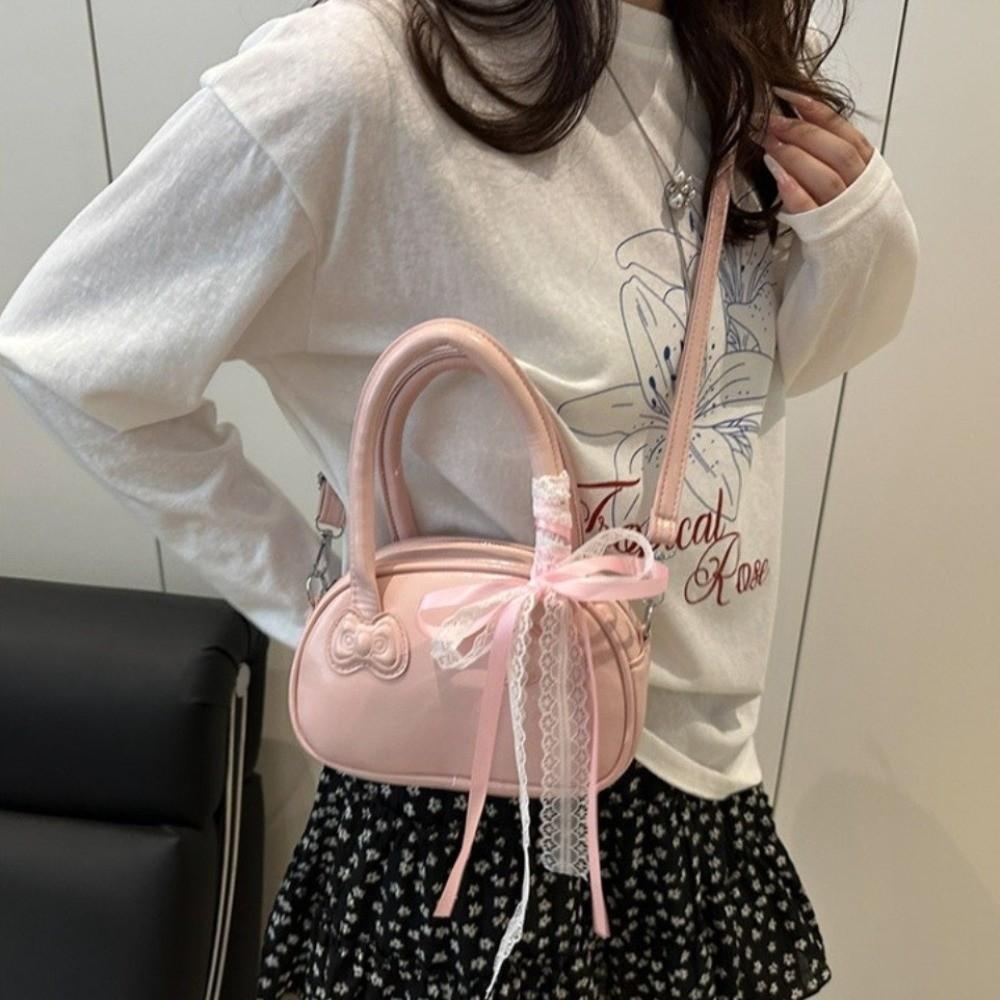Pu Leather Bow Crossbody Bag Y2k Commute Handbag Trendy Lace Ribbons Boston Bag Female