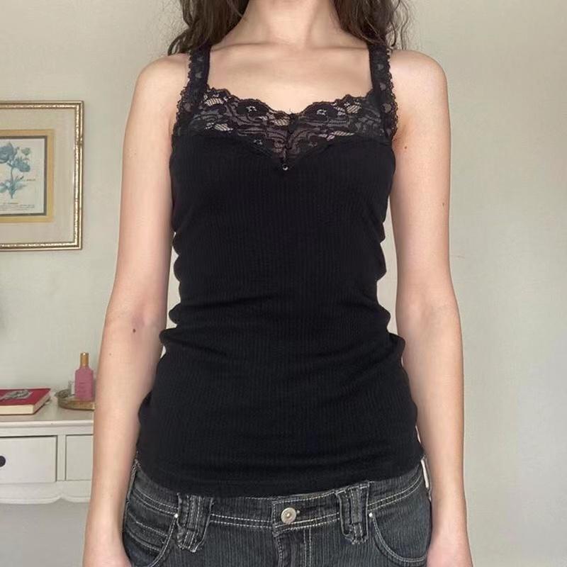 Готический базовый женский топ-камис Гранж Панк Черный Повседневный Кружевная отделка Укороченные топы В рубчик Открытая спина Альтернативная одежда Лето