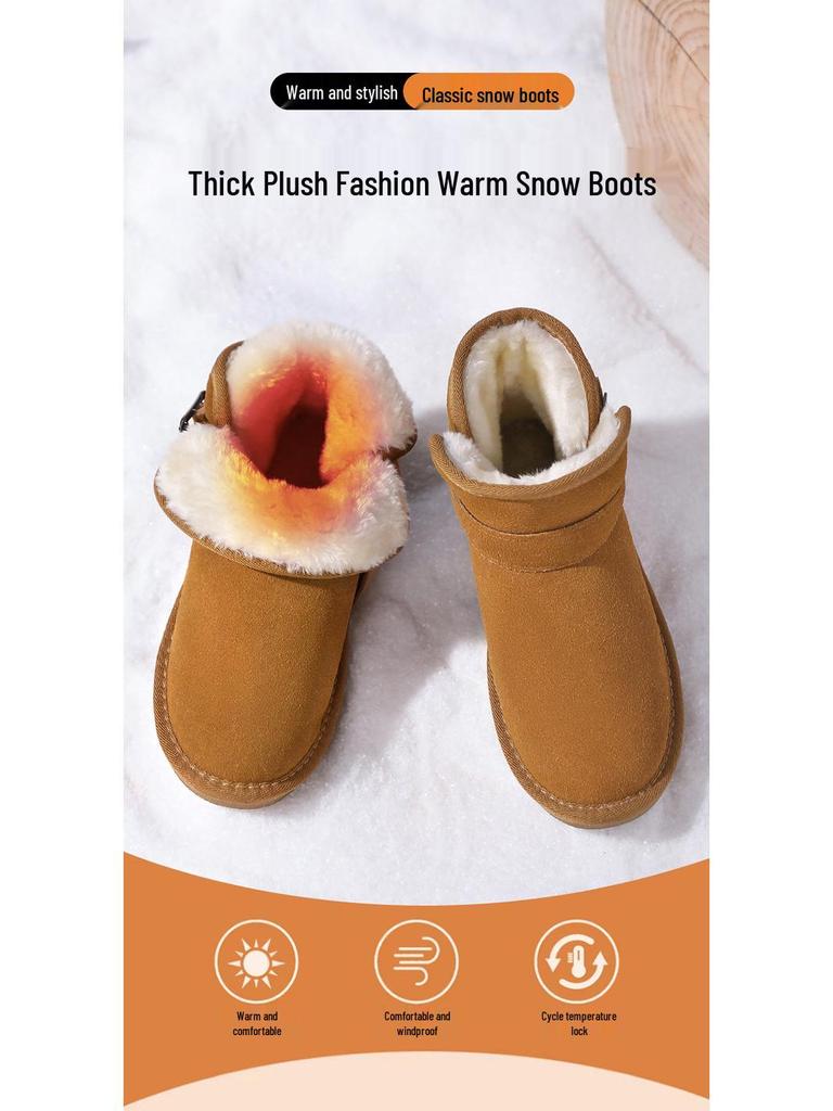 Ботинки из натуральной кожи с пряжкой - Мужские и женские зимние плюшевые подкладки, Нескользящие, Утепленные хлопковые слипоны.