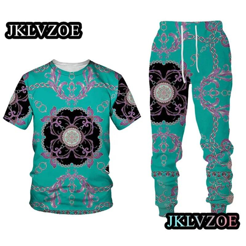 Мужской спортивный костюм, элитный бренд, футболка с коротким рукавом + длинные брюки, комплект из 2 предметов с золотистым 3D принтом, спортивная одежда для бега, повседневная уличная одежда