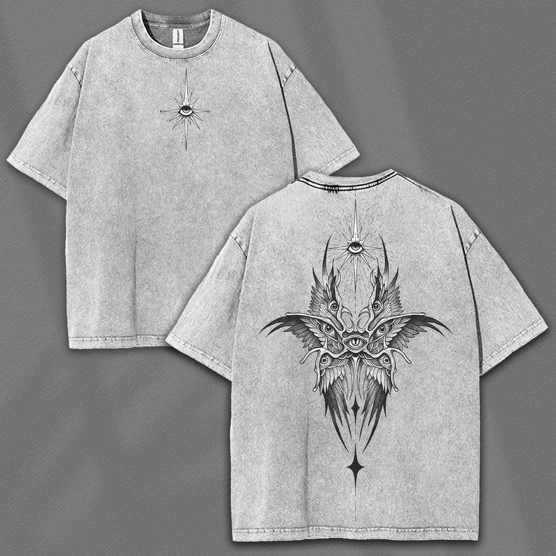 All-Seeing Eye T-Shirt: Vintage Washed Oversized Streetwear - Winged Vision Symb