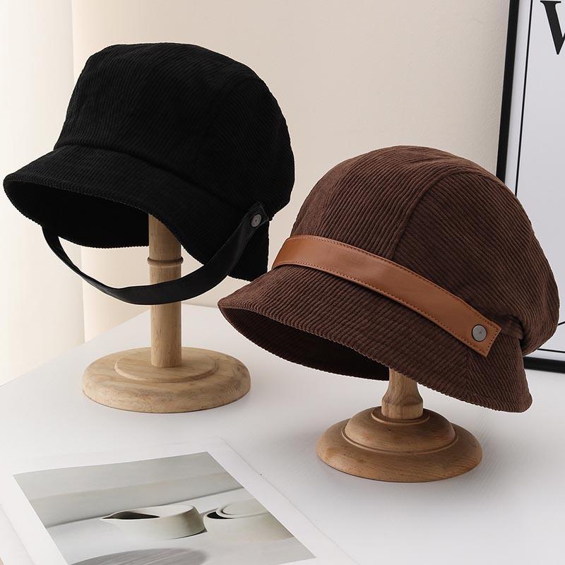 Corduroy bucket hat women's new autumn and winter retro versatile big head circumference beret showing washbasin hat