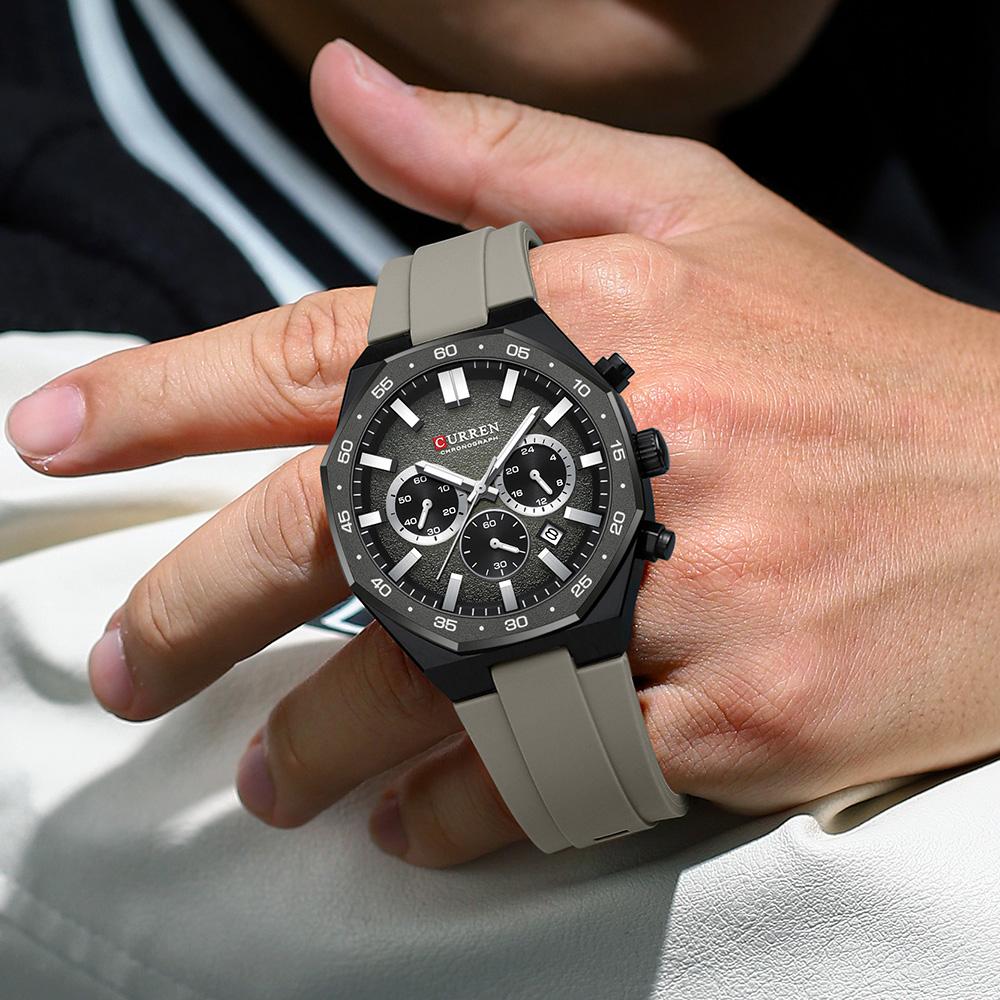 CURREN Мужские спортивные часы-хронограф с черным силиконовым ремешком, автоматической датой, люминесцентными стрелками, кварцевые часы для мужчин