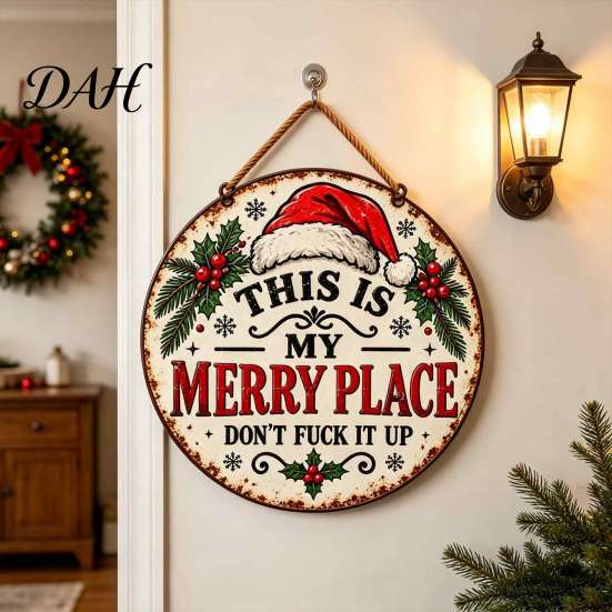 Funny Seasonal Wall Plaques for Living Room This Is My Merry Place Christmas Door Hanger, Wooden Holiday Welcome Decor Dormitory Sign with Jute