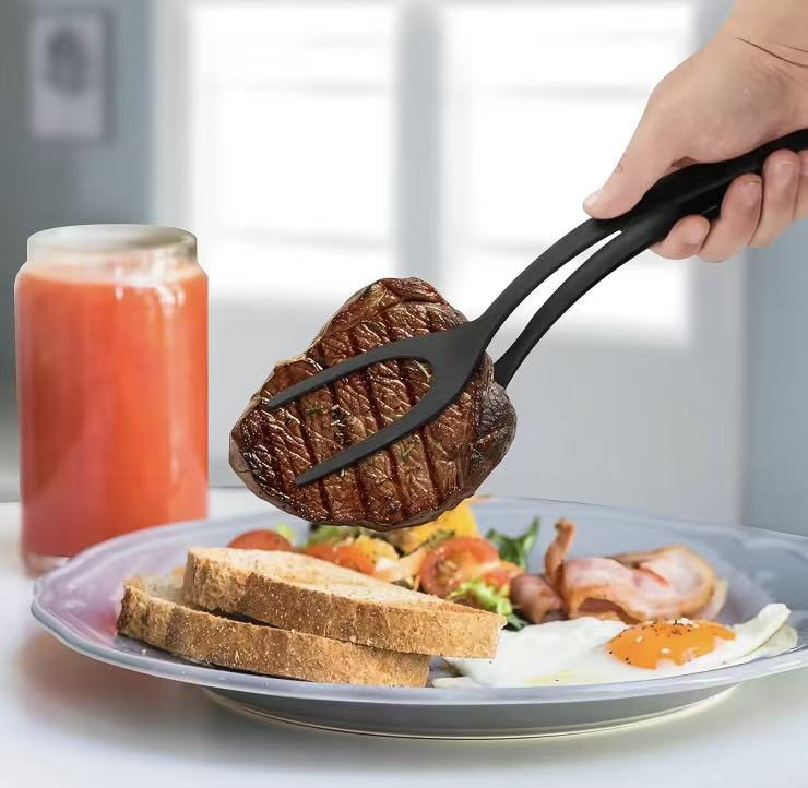 2-in-1 Silicone Shovel & Tweezers Tongs - Black Egg Flipper Pancake Spatula for Kitchen