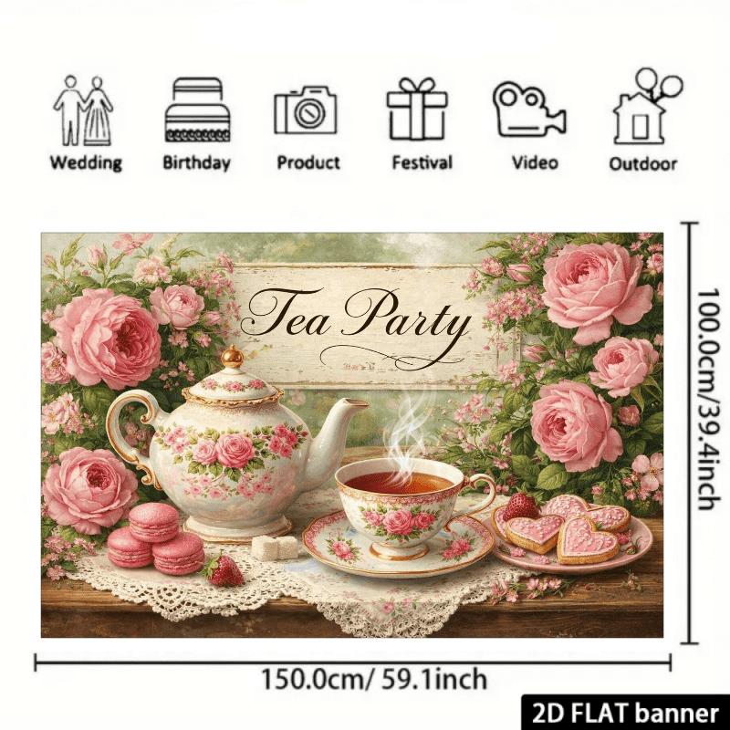 A 2D plane British afternoon tea themed background fabric, integrating rose tea sets and polyester materials.XY