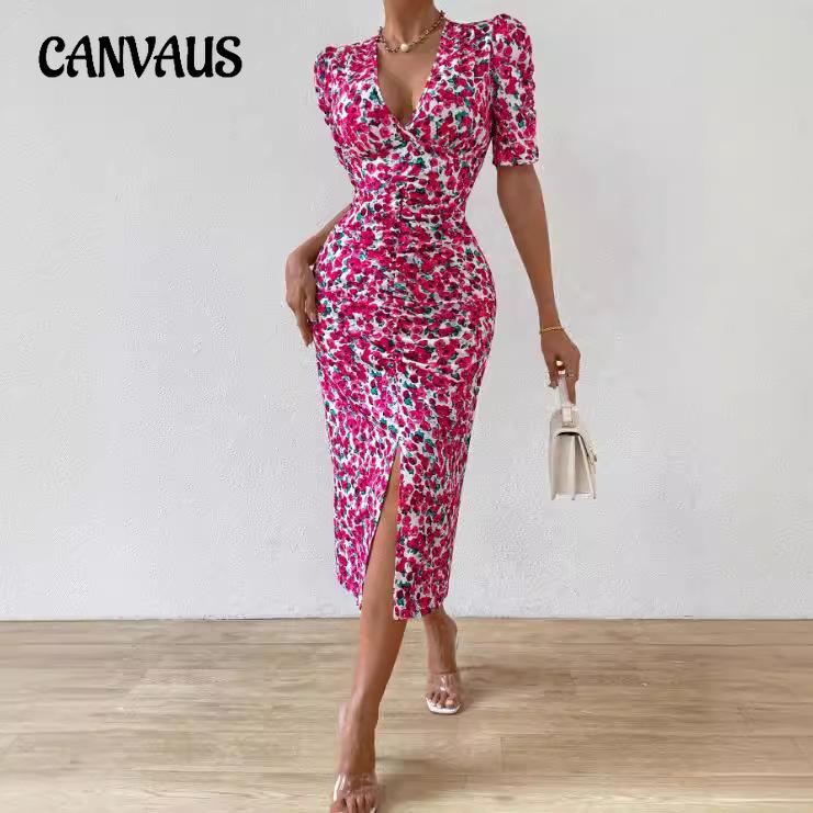 Summer Women's Dress Deep V Neck Sexy Floral Bubble Sleeve Waisted Pleated Hip Dresses