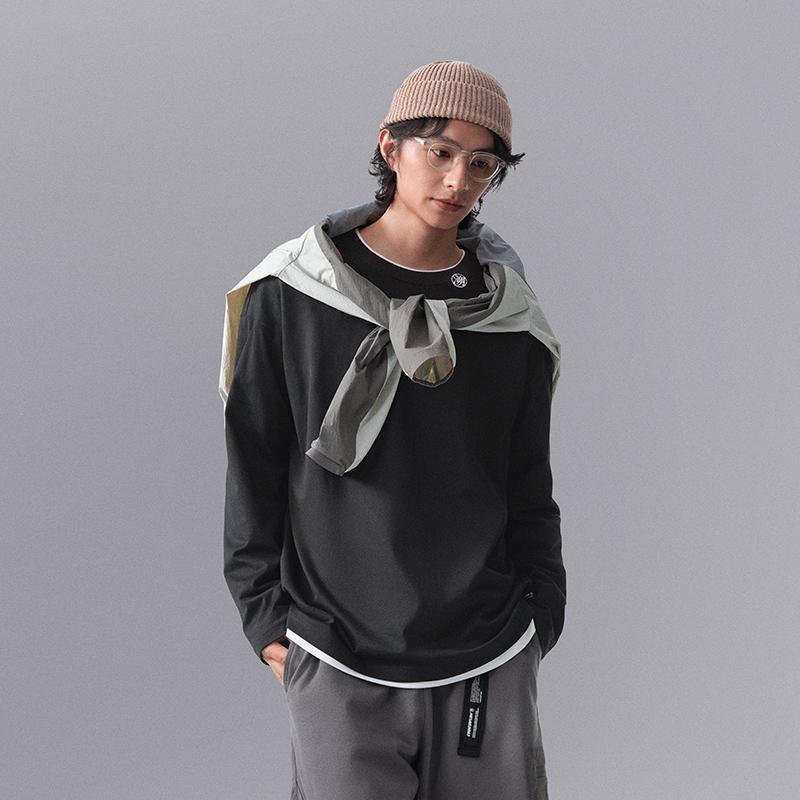 Li Ning CF Letter Print Casual Sports Crew Neck Pullover Long Sleeve T Shirt Men Tops Black ATLU113-1