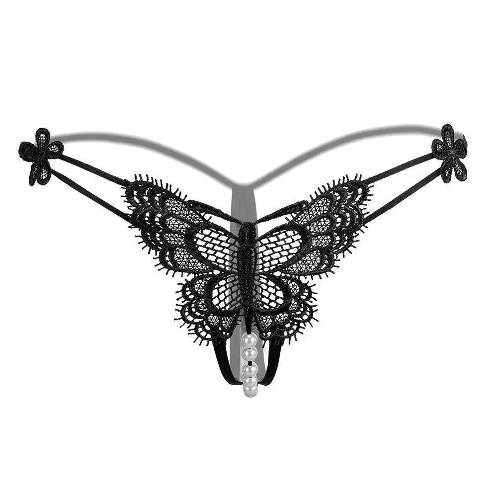 Embroidered Butterfly Flower Lace Pearl Panties Low Waist Thin Belt Thong  Valentine's Day Gift