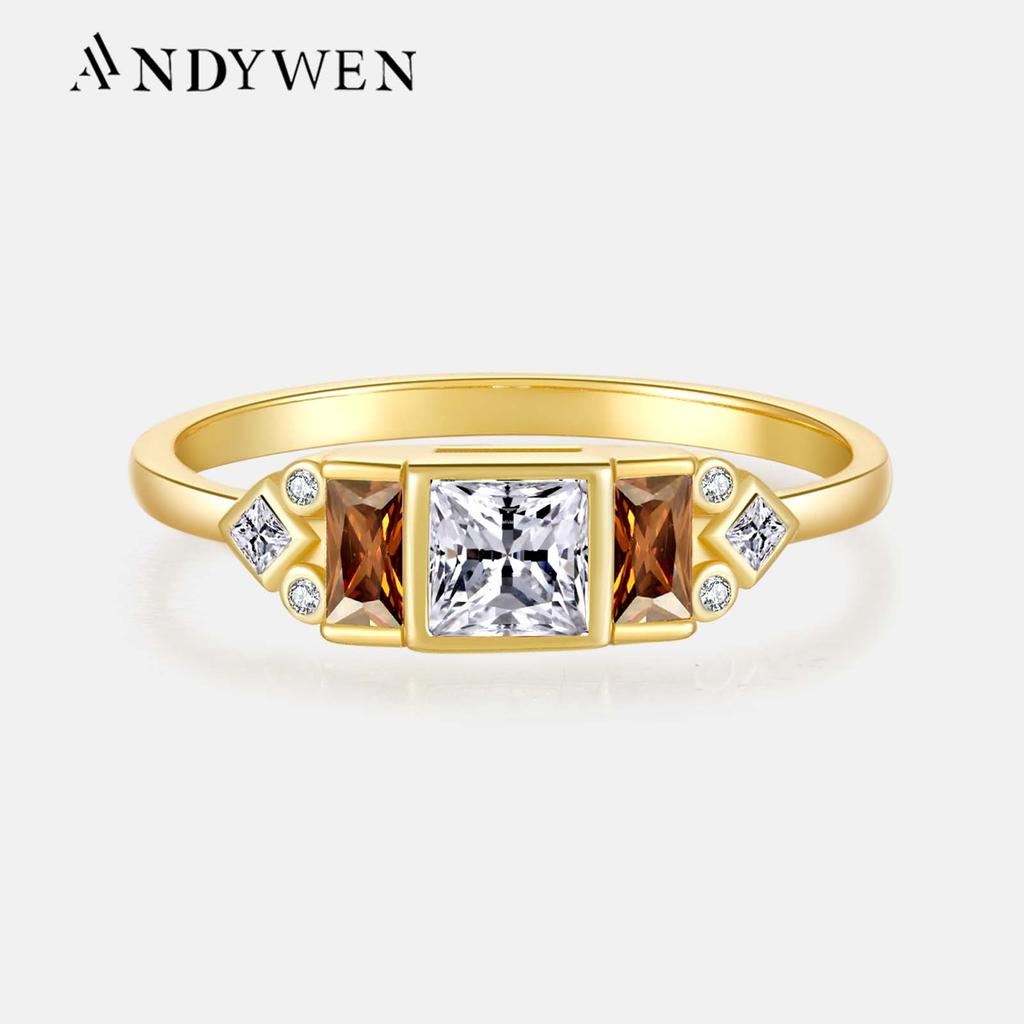 ANDYWEN Кольцо из стерлингового серебра 925 пробы, золото, коричневый, белый, прозрачный квадратный циркон, женское кольцо, роскошные ювелирные изделия в стиле рок-панк, подарок