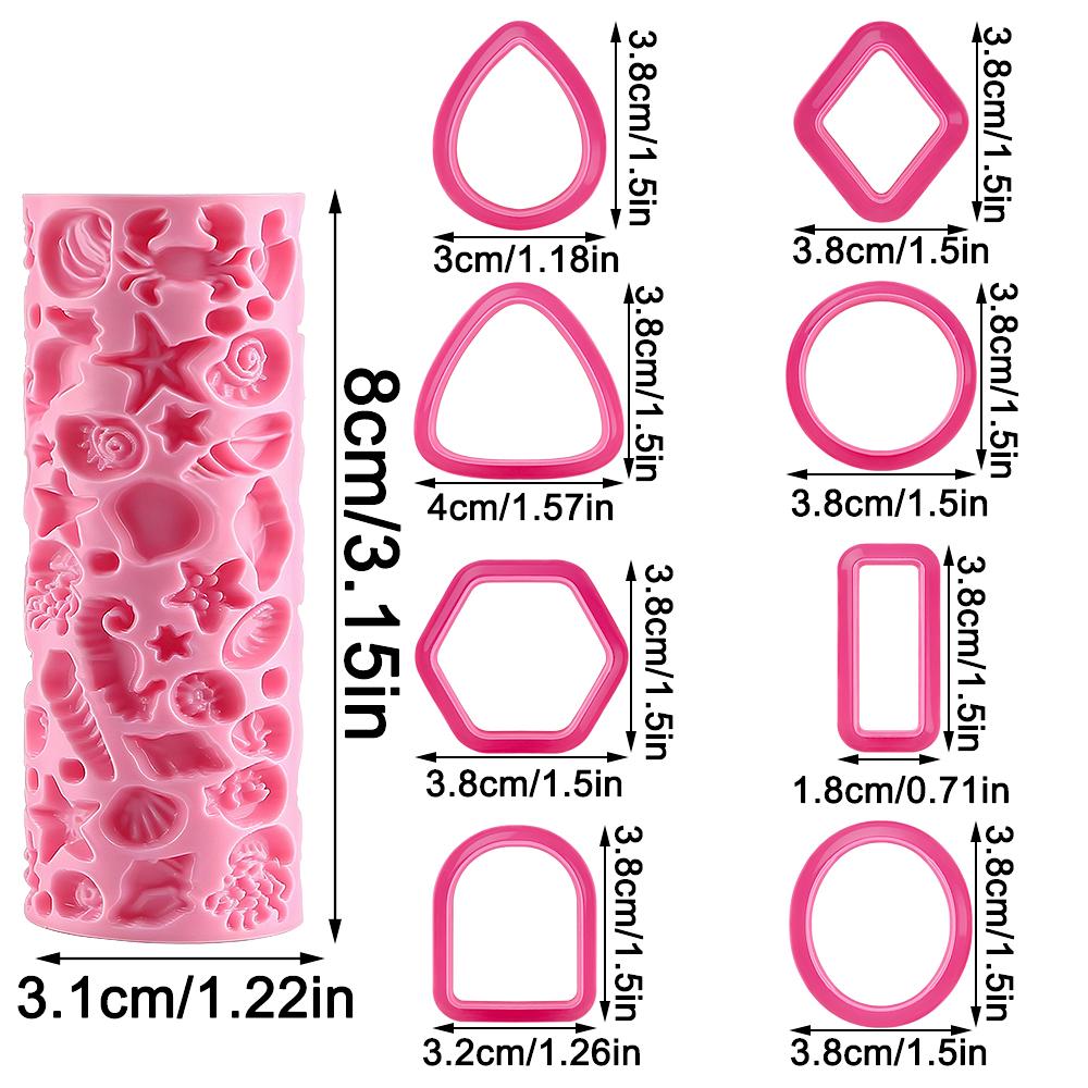 9Pcs Marine Life Summer Ocean Polymer Clay Texture Roller Geometric Polymer Clay Cutters Set Earring Jewelry Making Crafts Tools