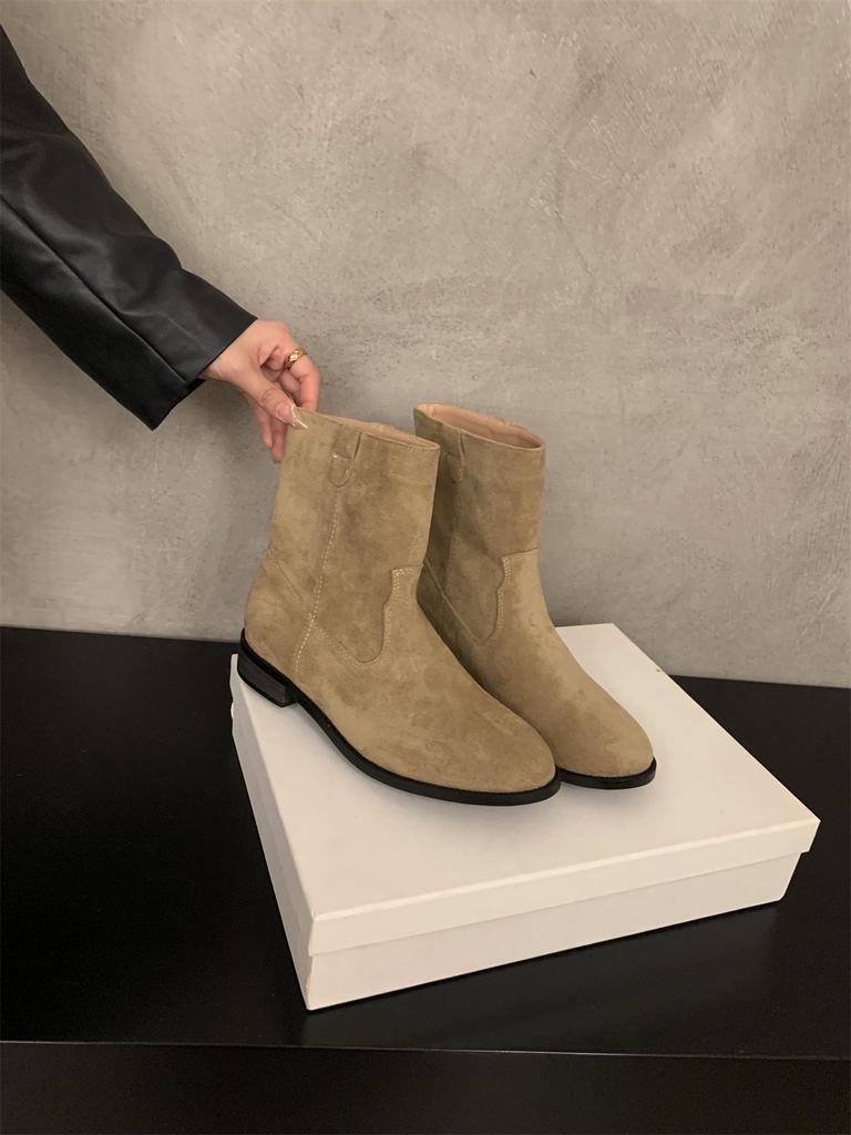 Корейская версия ретро замшевые круглый носок толстый каблук маленькие короткие ботинки женские 2025 весна, осень и зима универсальные ботильоны пустошь ветер