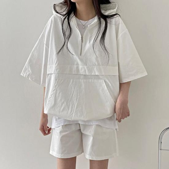 2 Pcs/Set Women Hoodie Shorts Set Half Zipper Hooded Three-quarter Sleeve Loose Big Pocket
