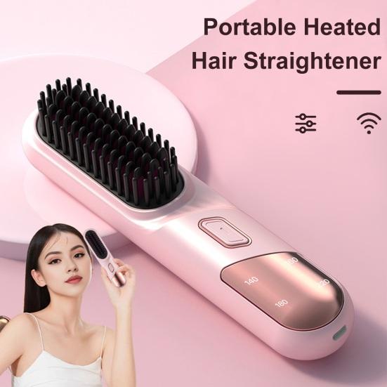 Hair Straightener Brush 4 Temperatures Fast Heating USB Rechargeable Cordless Negative Ions Hot Brush Electric Fluffy Curly Hair Styling Detangling