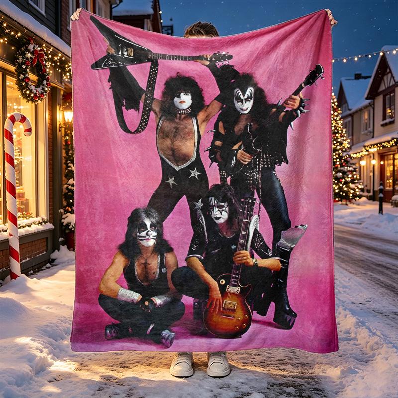 Kiss Rock and Roll Pattern Blanket for Home Decoration, Bed, Sofa, Car Travel, Camping, Suitable for All Seasons, Birthday Christmas Gift