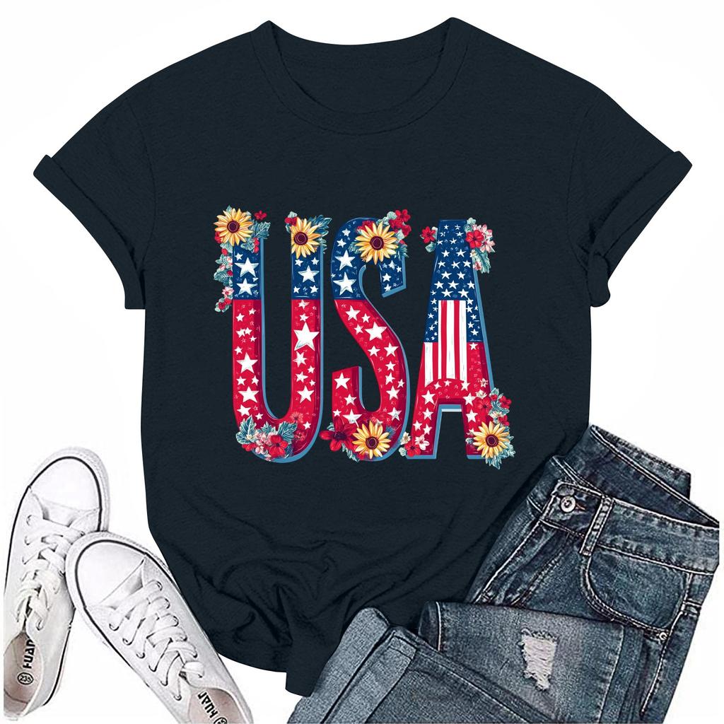 Women's Round Neck Casual Independence Day Printed Short Sleeve T-Shirt Top