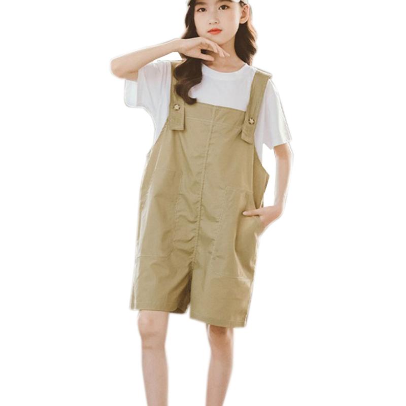 Детский костюм из 2 шт./компл., хлопковый однотонный топ с короткими рукавами + брюки-комбинезон, костюм для детей 7-12 лет