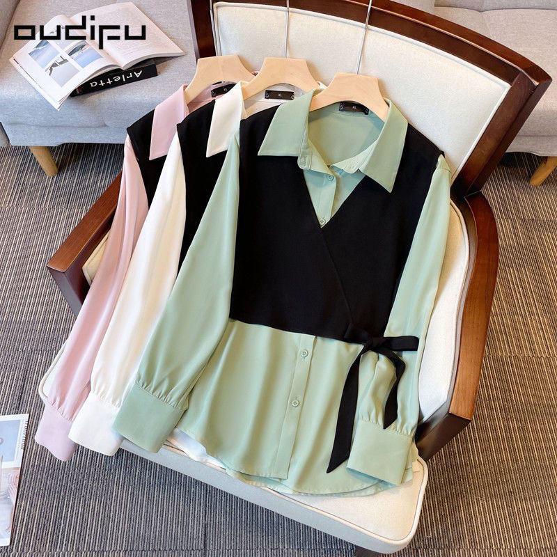 New French Style Top for Women with A Niche Design, Unique Splicing, Fake Two-piece Shirt Trend