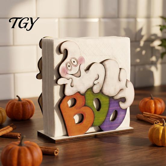 Funny Halloween Home Accessories Wood Napkin Holder, Vintage Rustic Dispenser Organizer, Spooky Ghost Holder Black Cat Boo Tissue Stand for