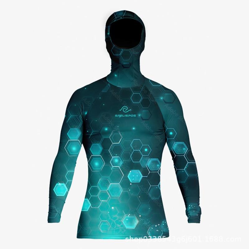 Mens Long Sleeve Hooded Rash Guard Surfing Diving Swimming UV Protection Quick Dry Wetsuit Top