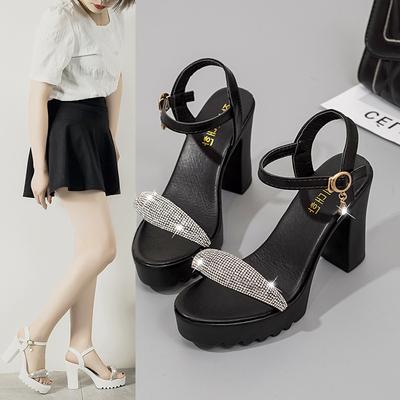 Изысканные женские босоножки на высоком каблуке Летние блестящие босоножки с водяными бриллиантами на толстом каблуке Модные универсальные повседневные женские туфли