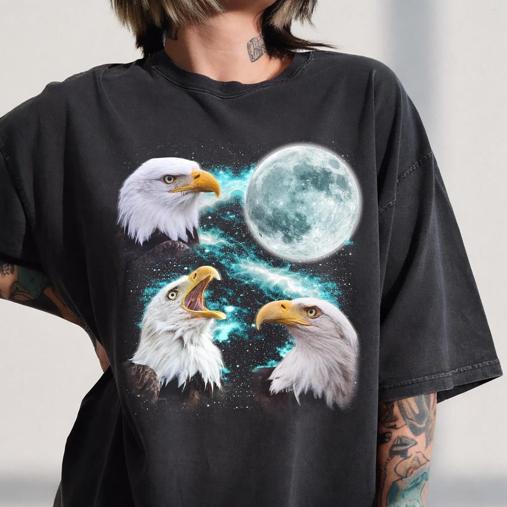 Three Eagles Howling Moon Graphic Tee, Vintage Eagle Lover Shirt
