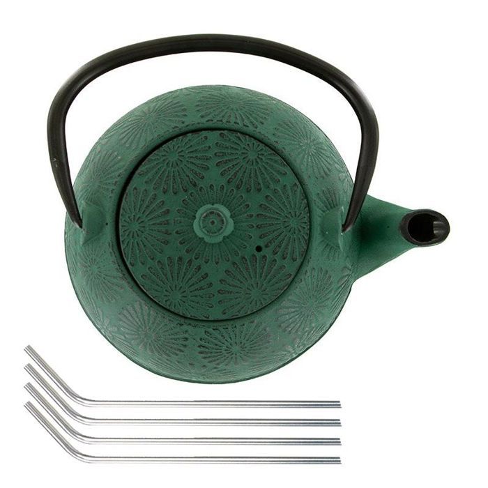 Théière en fonte Hanami vert émeraude 1,2 L + 4 pailles en inox
