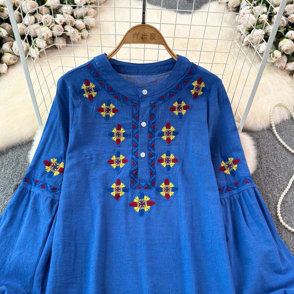 Женская блузка в этническом стиле с круглым вырезом и вышитыми рукавами-фонариками в стиле ретро, летние женские топы с цветными блоками