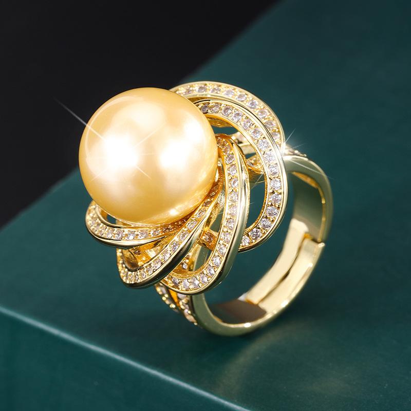 Huabi Jewelry Медь с покрытием из настоящего золота, инкрустированная перламутром и кружевным темпераментным бриллиантовым кольцом, женское 14 мм
