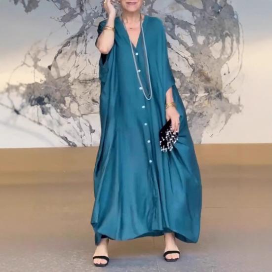 Женское макси-платье с V-образным вырезом, застегивающимся на пуговицы, рукавами «летучая мышь», платье-рубашка, однотонный цвет