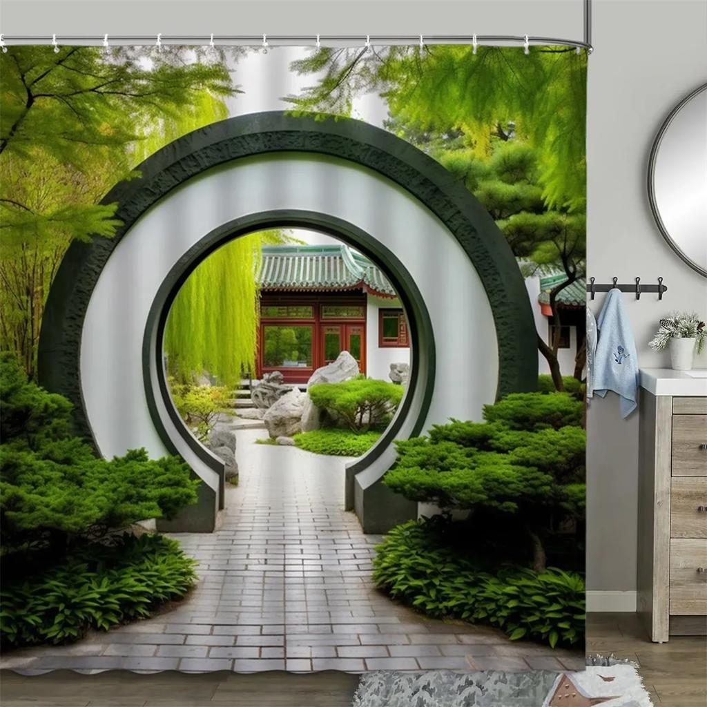 Шторка для душа в китайском стиле, винтажная деревянная доска, садовая постройка, зеленые растения, бамбуковый узор, декор для ванной комнаты, комплект штор