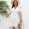 Women Bikini Cover Up Dress Solid Color V-Neck Short Sleeve Elastic High Waist Tassel Patchwork Cover Up Dress