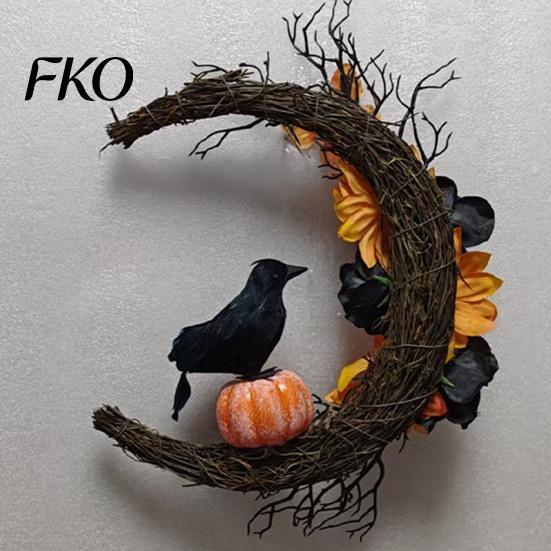 Spooky Home Decorations Halloween Door Sign, Artificial Floral Branch Crow Moon Wall Hanger with Themed Event Bird, Window Yard Decor for Party