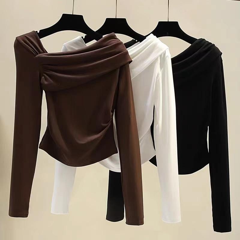 Jielur осенние новые сексуальные однотонные женские футболки, повседневная тонкая футболка с открытыми плечами, кофейный, белый, черный, простой топ с длинными рукавами