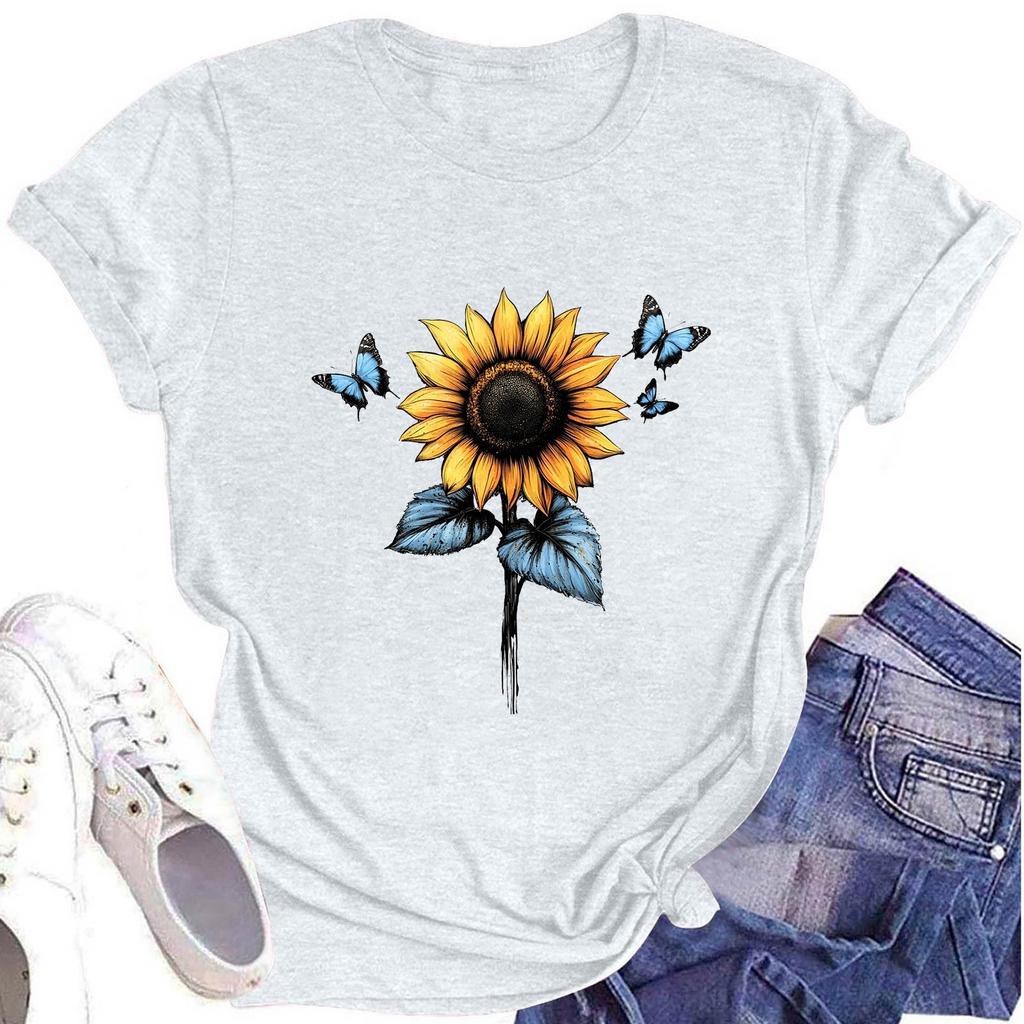 Women's Fashion Round Neck Short Sleeve T-Shirt Sunflower Printed Casual Top