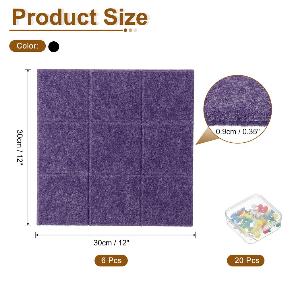 6Pcs 12"x12" Large Self-Adhesive Cork Board Tiles with 20 Push Pins Felt Bulletin Board Notice Note Memo Board Home Office Decor