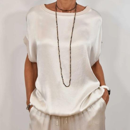 Women's Satin Silky Two-Piece Set Casual Crew Neck Short Sleeve Top Wide Leg Pants Set Loose Loungewear Outfit for Spring Summer