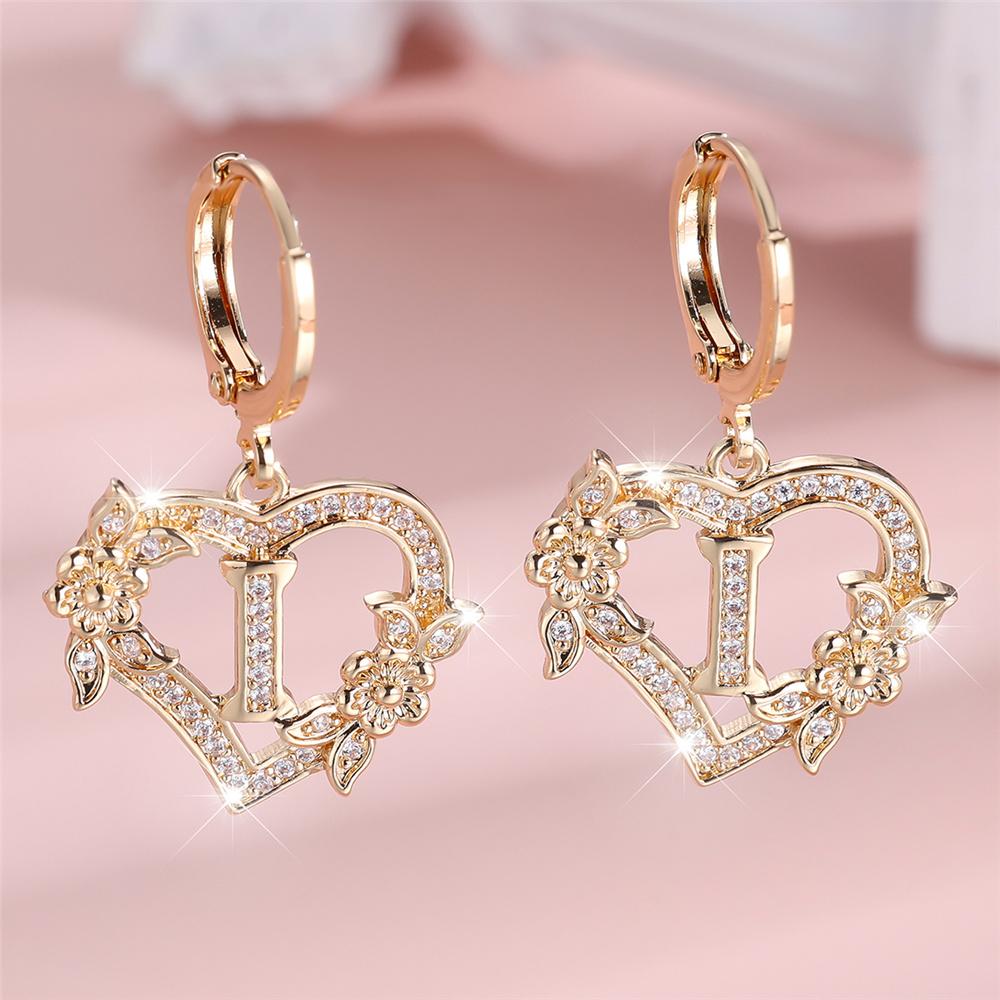 Female A-Z 26 Letter Heart Flower Hoop Earrings Yellow Gold White Zircon Wedding Jewelry For Women