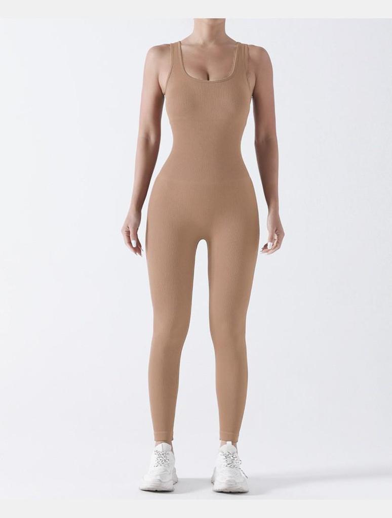 Double-Layer Ribbed Jumpsuit with Chest Pad - Seamless Sportswear for Yoga & Fitness