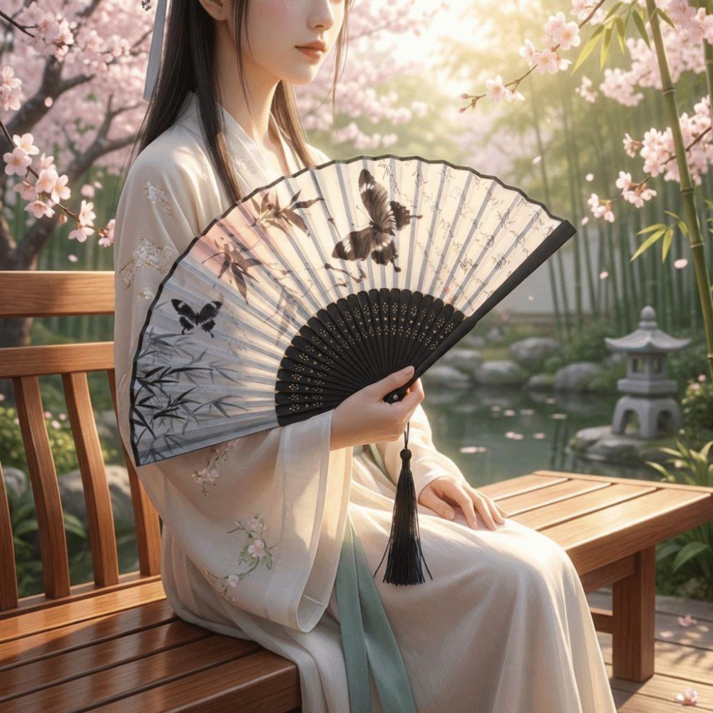 Antique Bamboo Folding Fan Ink Wash Painting Portable Fan Decorative Silk Hand Fan  Hanfu Cheongsam