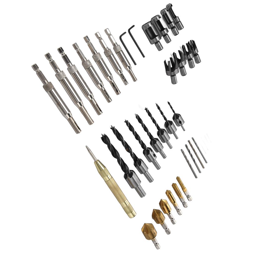Набор сверл по пробке с шестигранным хвостовиком для снятия фаски с потайной головкой и центральным пробойником