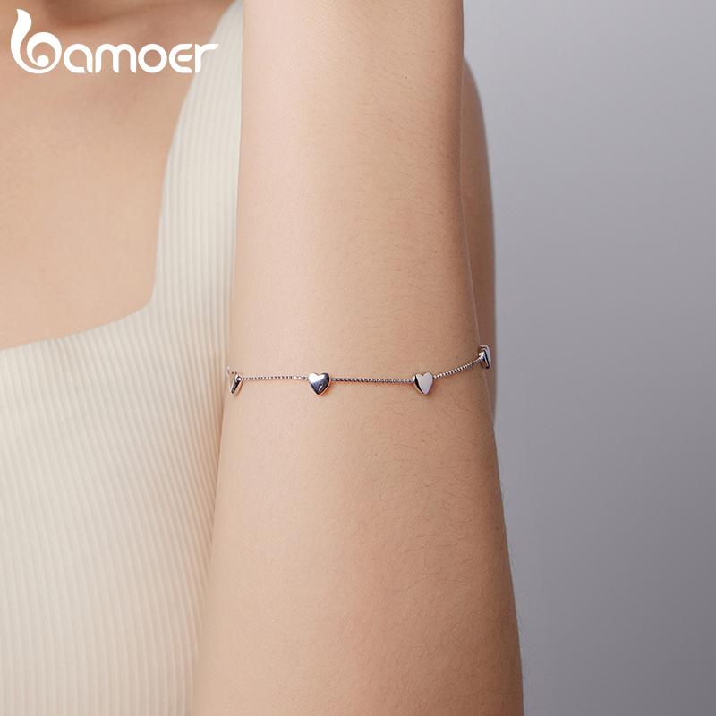 BAMOER 925 Sterling Silver Adjustable Heart Bracelet Dainty Box Chain Bracelet for Women Teen Girls Sweet Birthday Gift