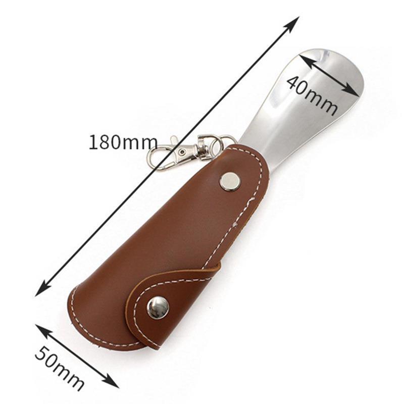 Metal & Leather Shoe Horn with Case - Unisex Mini Portable Shoe Puller with Hanging Buckle