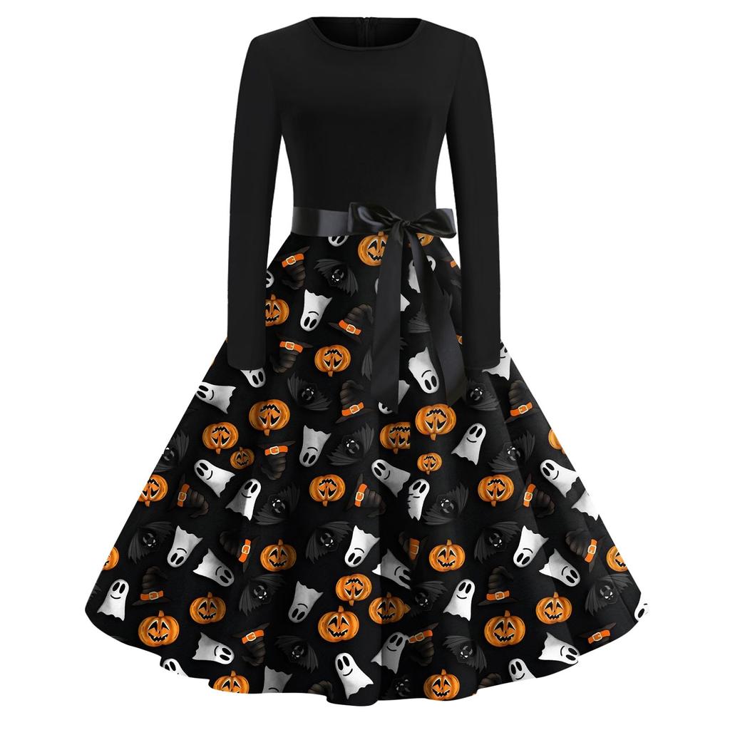 Halloween Print Flare Dress For Women Long Sleeve Dress Hollow Party Casual Dresses