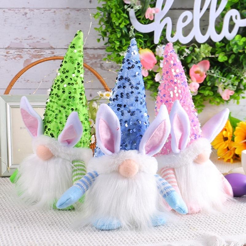 Easter Gnome Sequins Rabbit Faceless Doll with LED Light Ornaments for Spring Swedish Tomtes Dwarfs Home Decorations