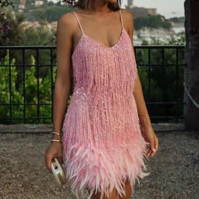 Женское платье с кисточками и блестками, V-образным вырезом, без рукавов, с открытой спиной, декор из перьев, свободный танцевальный костюм для румбы, ча-ча, мини-клубное вечернее платье