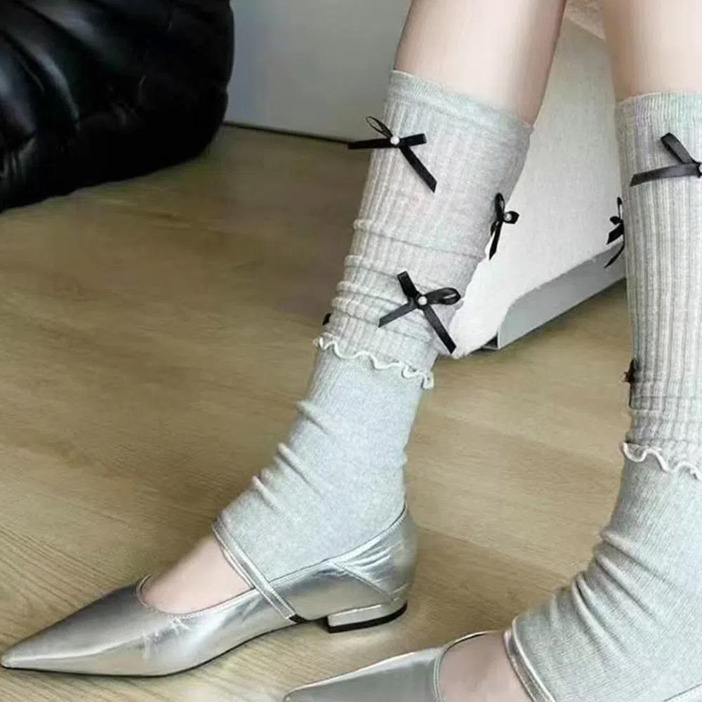 Хлопковые носки JK до середины икры с бантом, корейские Ins, длинные носки с бантом, женские, для девочек