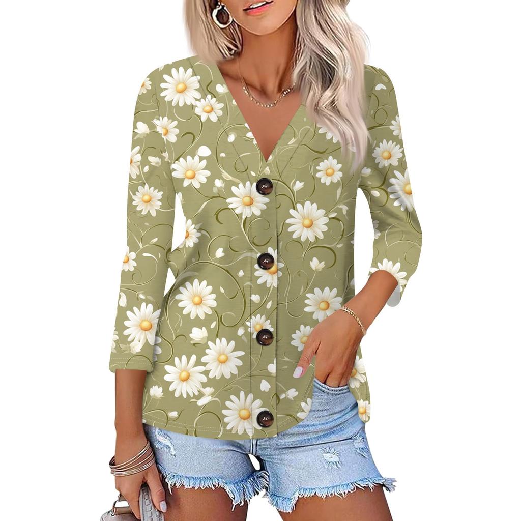 Женская модная повседневная рубашка на пуговицах с принтом, топ с рукавами 3/4