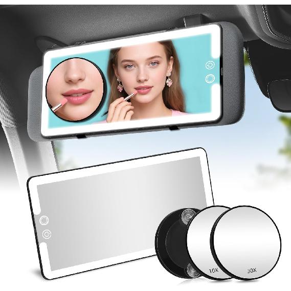 Car Sun Visor Vanity Mirror,Rechargeable Led Dimmable Makeup Mirror,With 10X And 30X Magnification,3 Light Modes