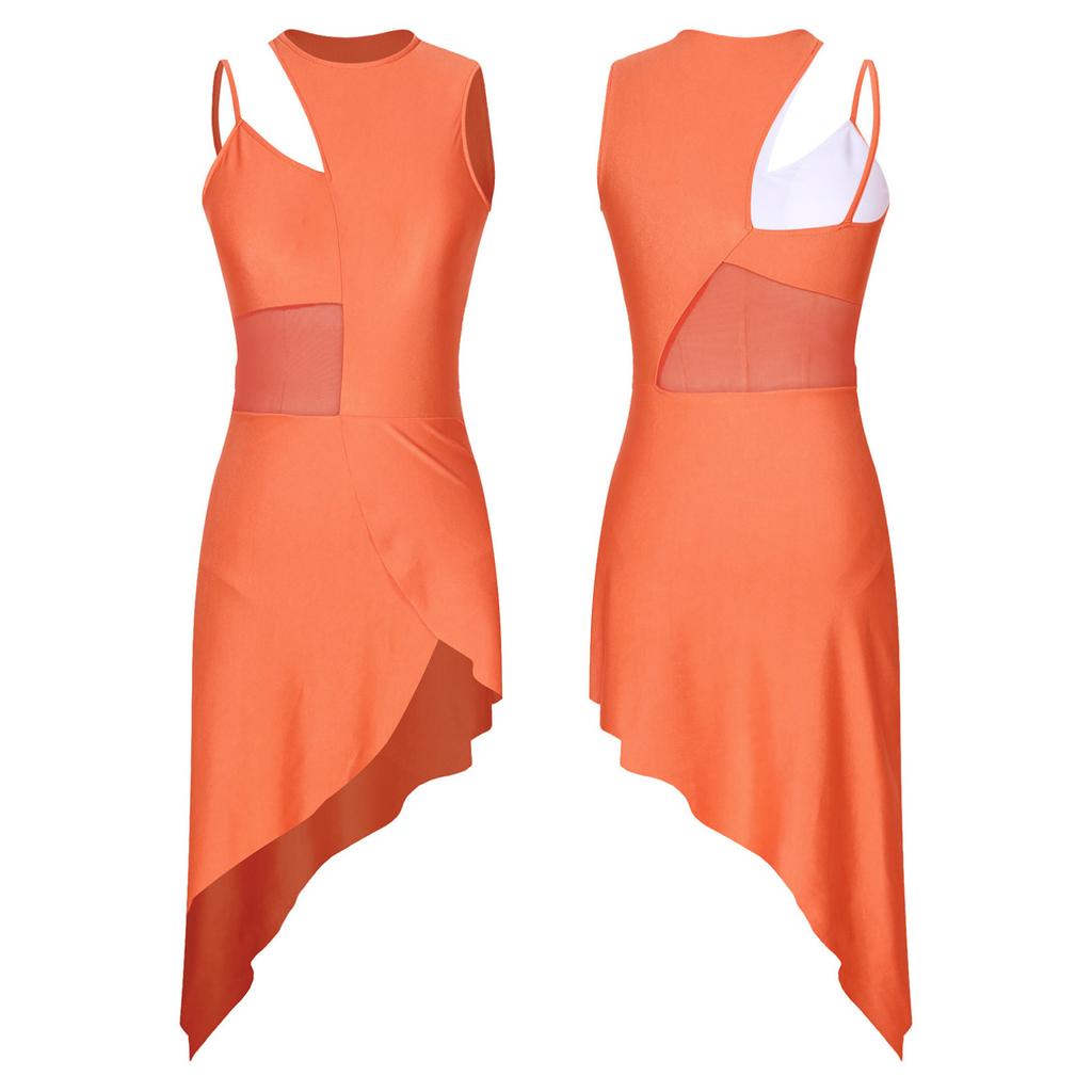 Женская одежда для выступлений, танцевальная одежда, сетчатое лоскутное платье с высоким низким лирическим сценическим платьем для самбы